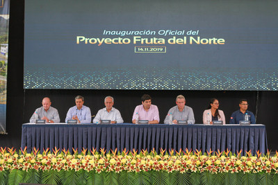 Figure 1. (L-R) Lukas Lundin, Lundin Gold Chairman; José Iván Agusto Briones, Secretary General of the Presidency of the Republic of Ecuador; Carlos Pérez, Minister of Energy and Non-Renewable Natural Resources; Otto Sonnenholzner, Vice President of Ecuador; Ron Hochstein, President and CEO of Lundin Gold; Kelly Montaño, Los Encuentros GAD President and Jorge Tenemea, Lundin Gold employee all participated in the inauguration event at Fruta del Norte. (CNW Group/Lundin Gold Inc.)
