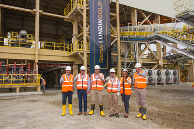 Figure 3. (L-R) Lukas Lundin, José Iván Agusto Briones, Otto Sonnenholzner, Carlos Pérez, Kelly Montaño and Ron Hochstein in front of the process plant during the inauguration ceremony at Fruta del Norte. (CNW Group/Lundin Gold Inc.)